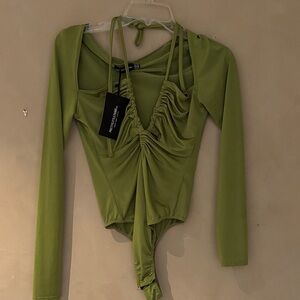 Green Long Sleeve Ruched Bodysuit